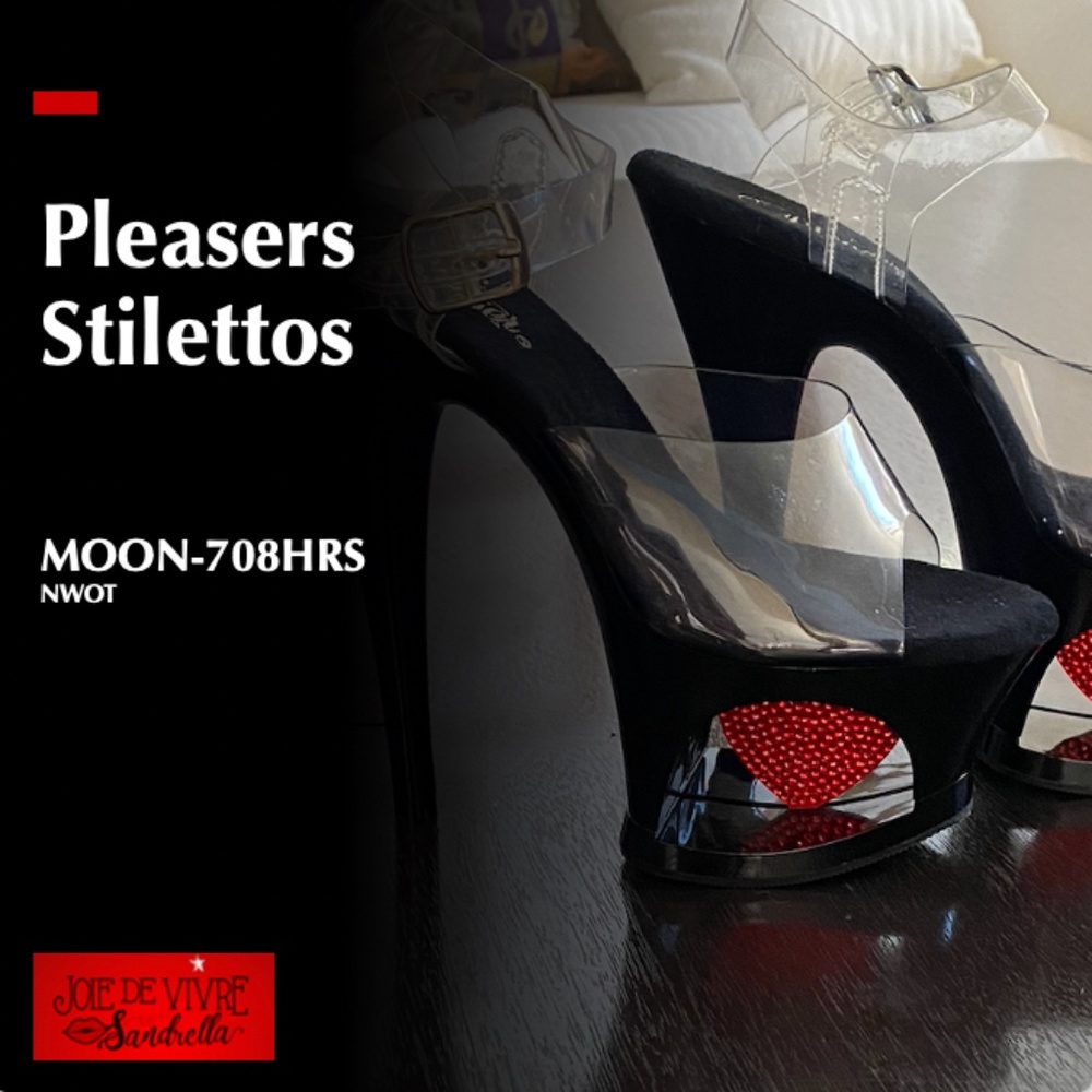 Pleasers Stilettos | MOON-708HRS | Black + Clear + Red Crystal Hearts | NWOT